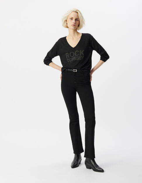 Women's long-sleeved black lurex knit sweater with studded message - IKKS