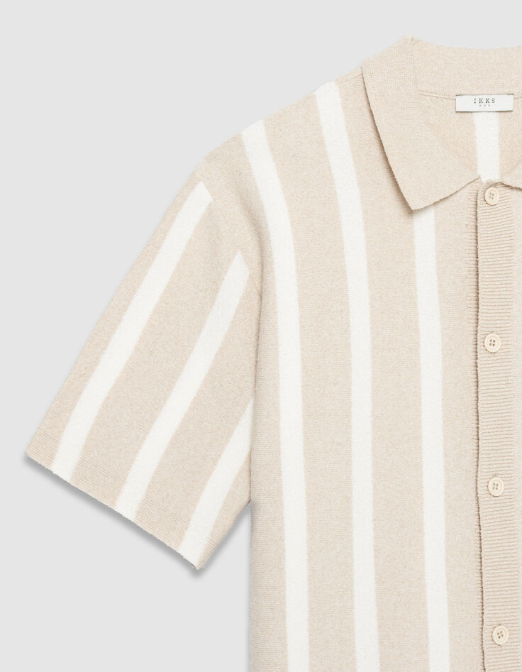 Camisa de punto beige de manga corta con rayas anchas-7