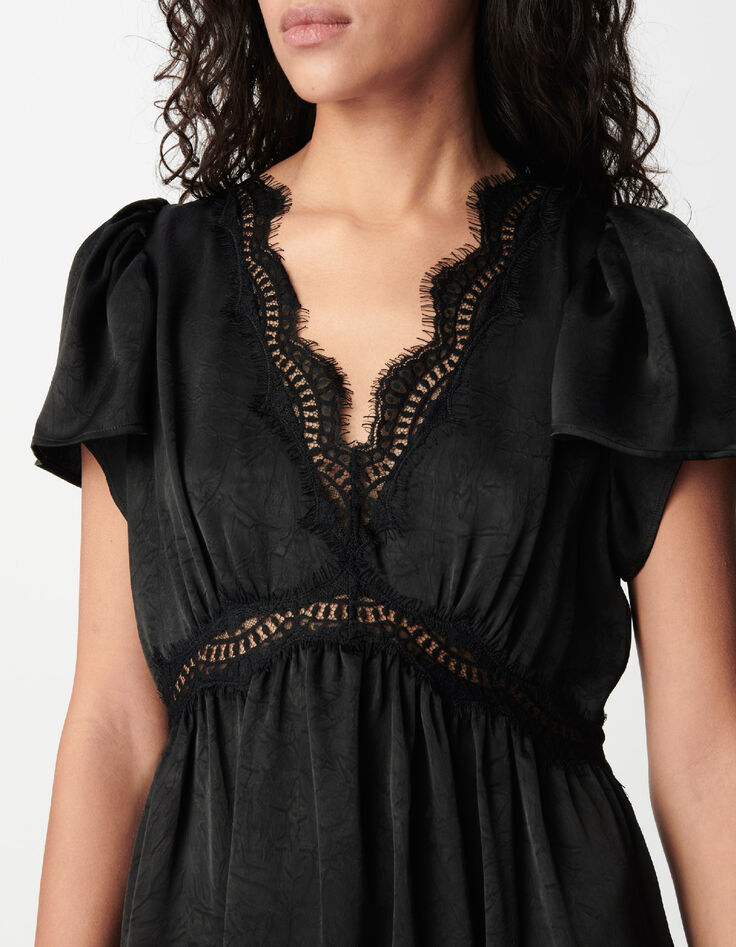 Women's black satin maxi dress with crinkled lace details-7