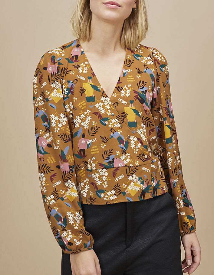 I.Code camel blouse with Women flowers print - I.CODE
