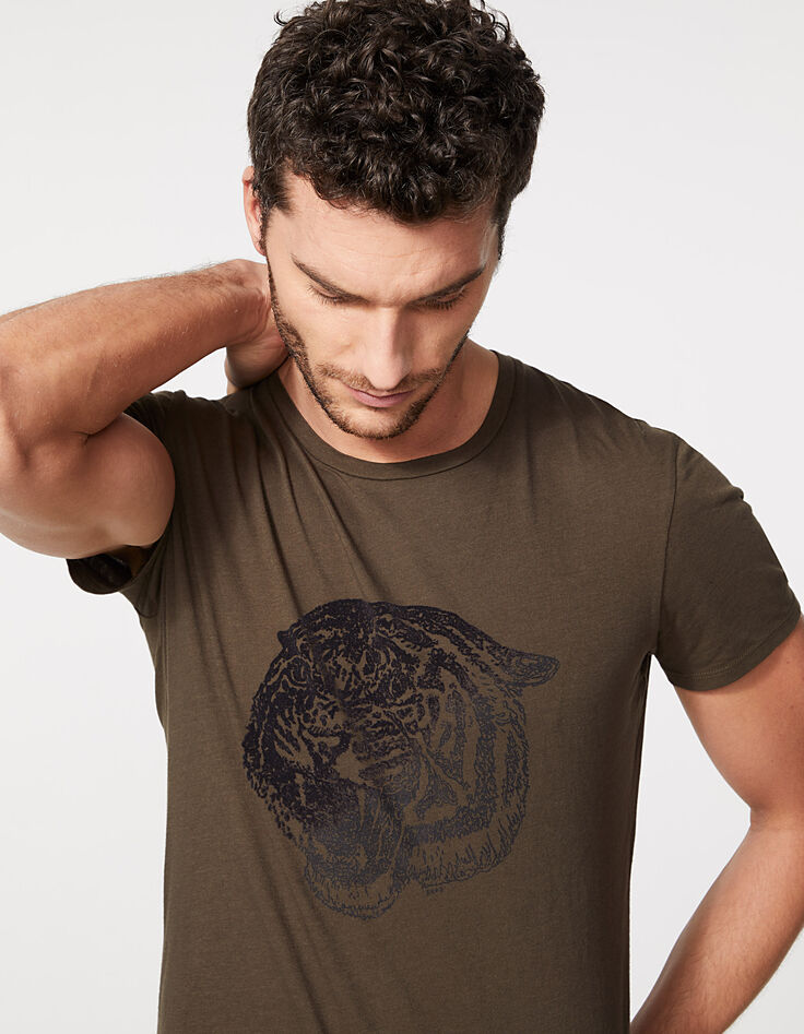 Men’s khaki velvet flocking tiger head T-shirt-4