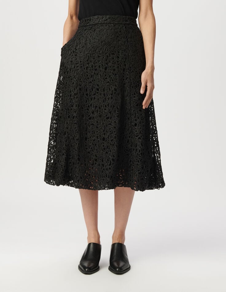Jupe midi noire dentelle métallisée forme bulle Femme-2