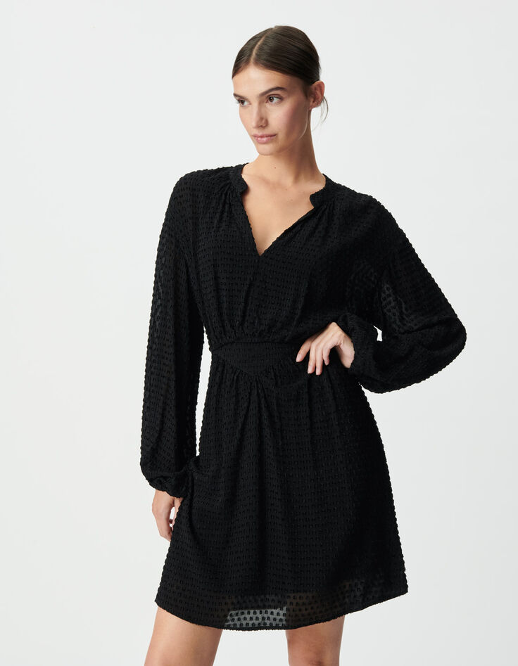 Vestido negro con cuello en V y mangas largas para mujer-3