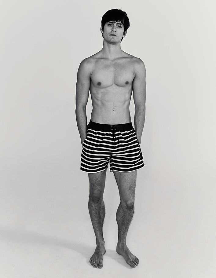 Men’s black sailor stripe swimshorts, ecru stripes, badges-6