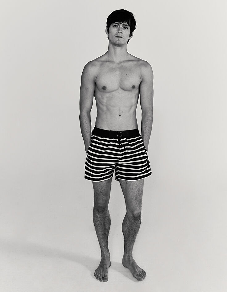 Short de bain noir à rayures écrues et badges Homme-6