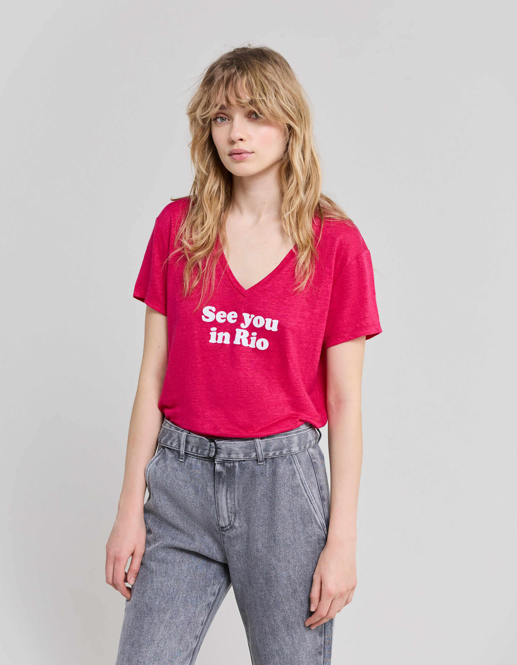 Hot pink T shirt tekst fluwelen flocking Dames IKKS