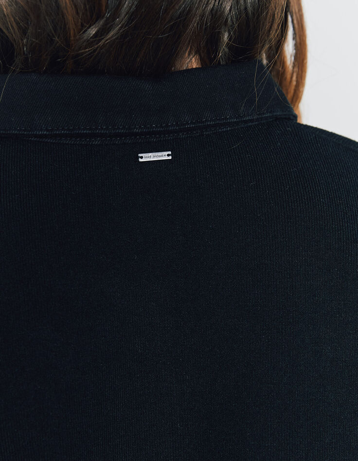 Cardigan bi-matière en maille et denim noir boutons femme-5 Cardigan bi-matière en maille et denim noir boutons femme-5