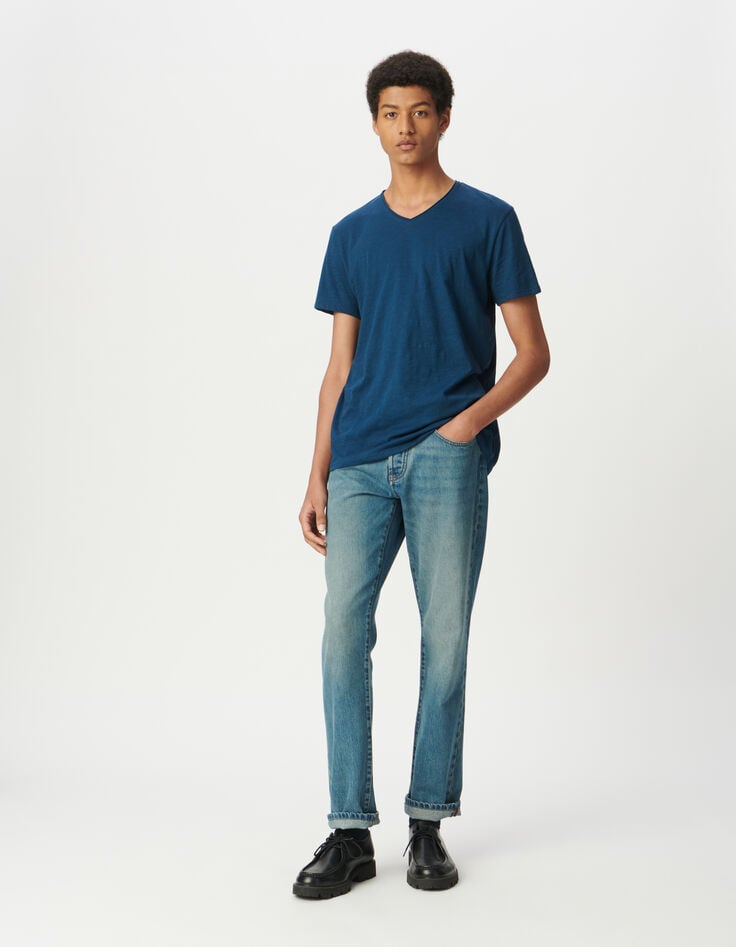 Hellblaues Herren-T-Shirt V-Ausschnitt geflammte Biowolle-1 Hellblaues Herren-T-Shirt V-Ausschnitt geflammte Biowolle-1