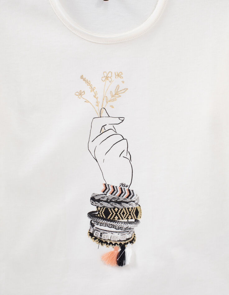 Girls&rsquo; ecru T-shirt +hand image & embroidered bracelets-2