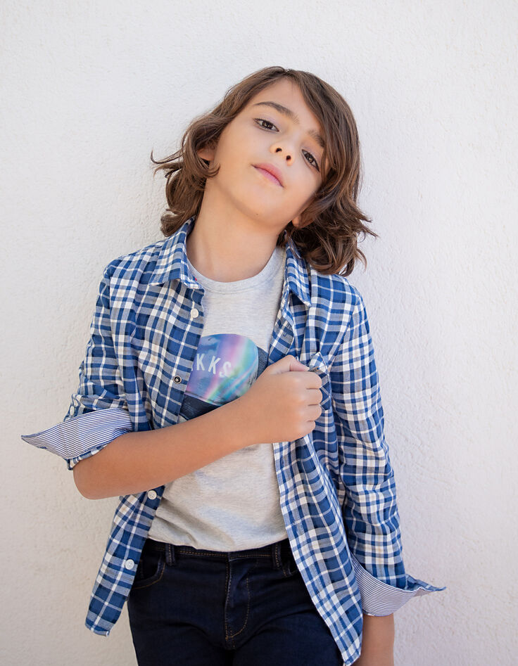Boys&rsquo; navy check print shirt-1