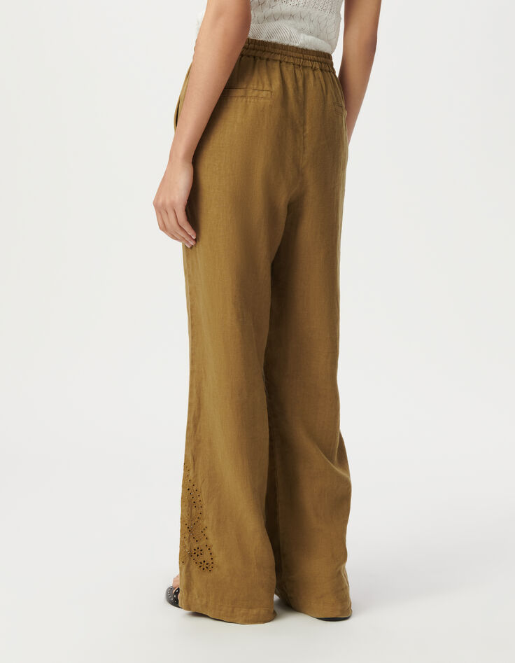 Pantalon large kaki taille haute broderies placées Femme-3