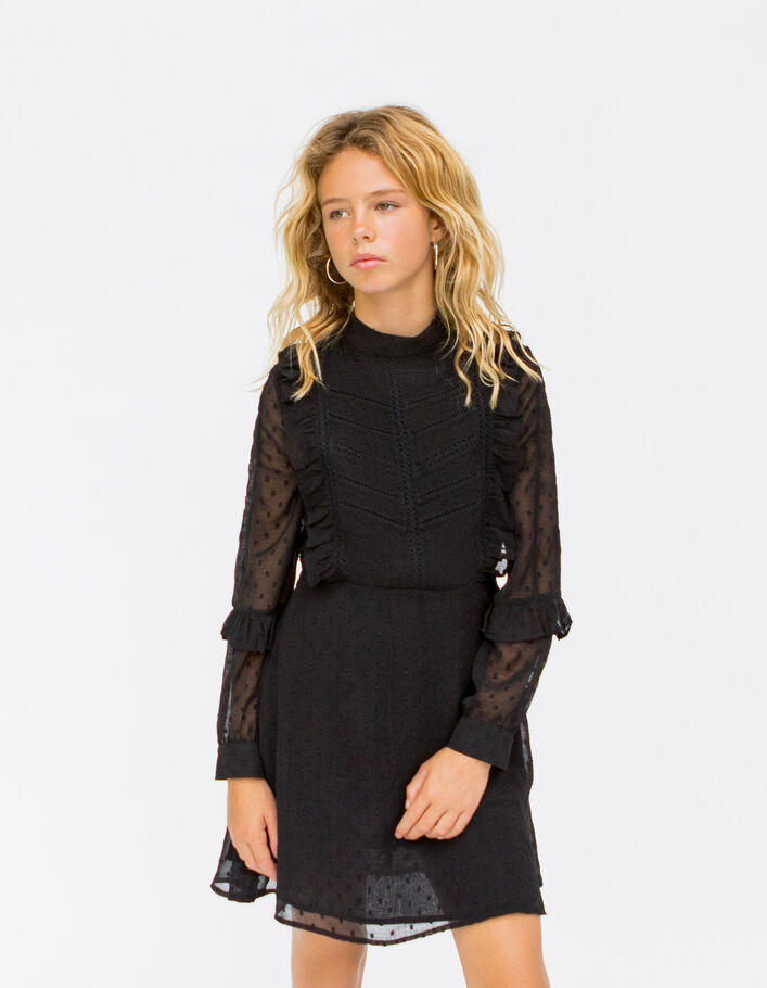 Schwarzes Mädchenkleid mit Plumetisjacquard an der Passe-1