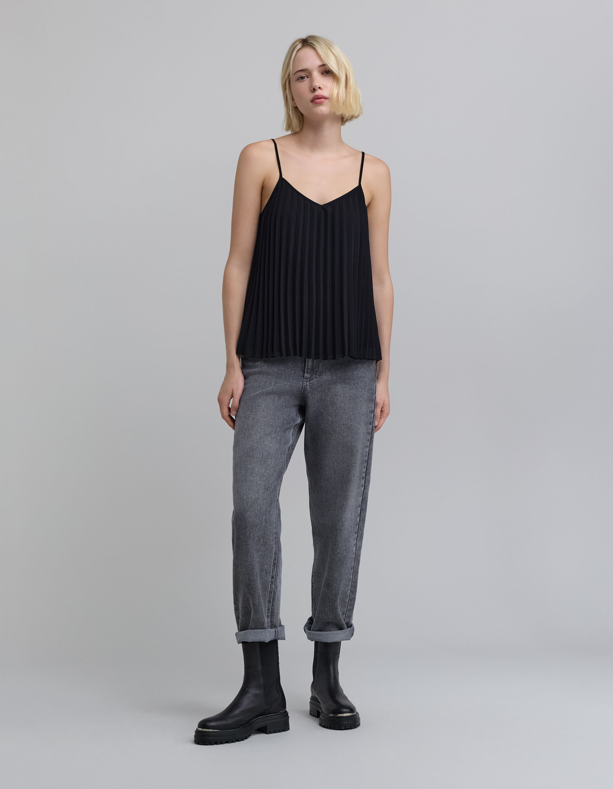 Women's black recycled pleated camisole lined with straps IKKS