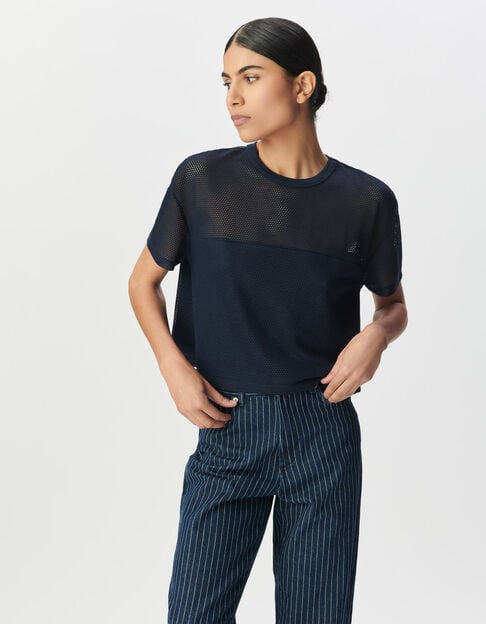 Tee-shirt marine maille résille en relief Femme - IKKS