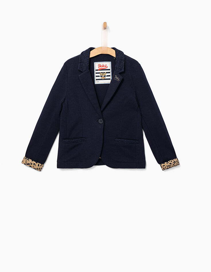 Marineblaue Mädchen-Strickjacke mit Spitzenkragen-2