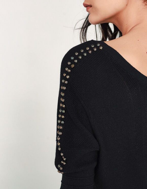 Pull Noir Manches Courtes Detail Perles Femme