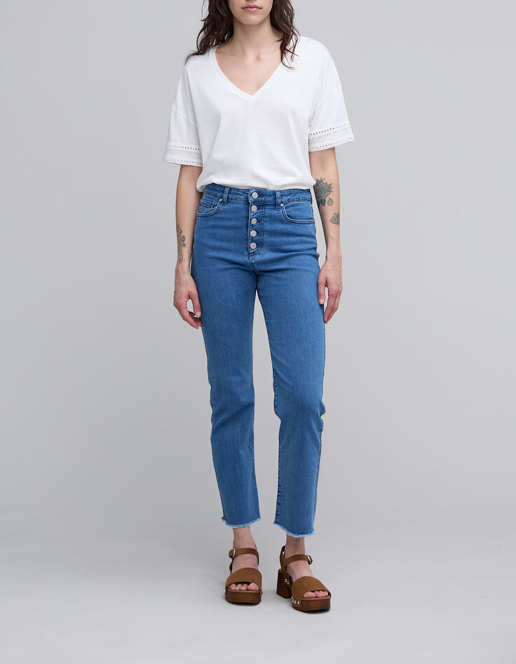 Tee-shirt blanc bijou col et manche Femme-1