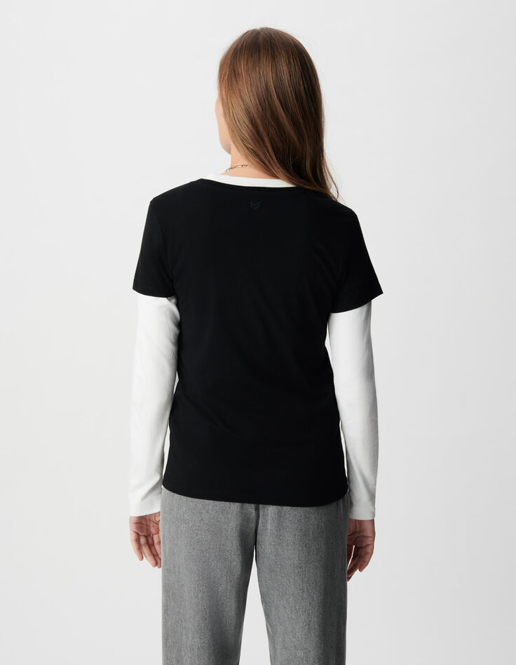 Camiseta negra cuello V Mujer con bordado chevron-3