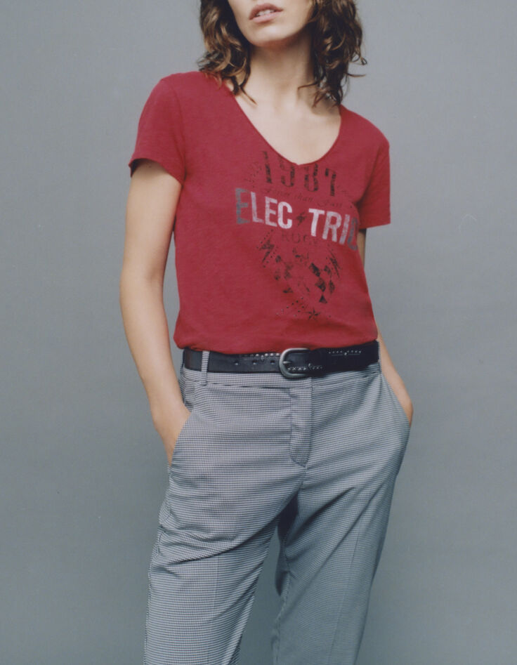 Women’s red studded slogan T-shirt-1
