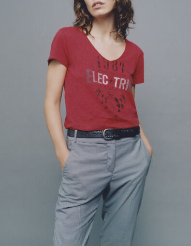 Rotes Damen-T-Shirt mit Schriftzug und Nieten - IKKS