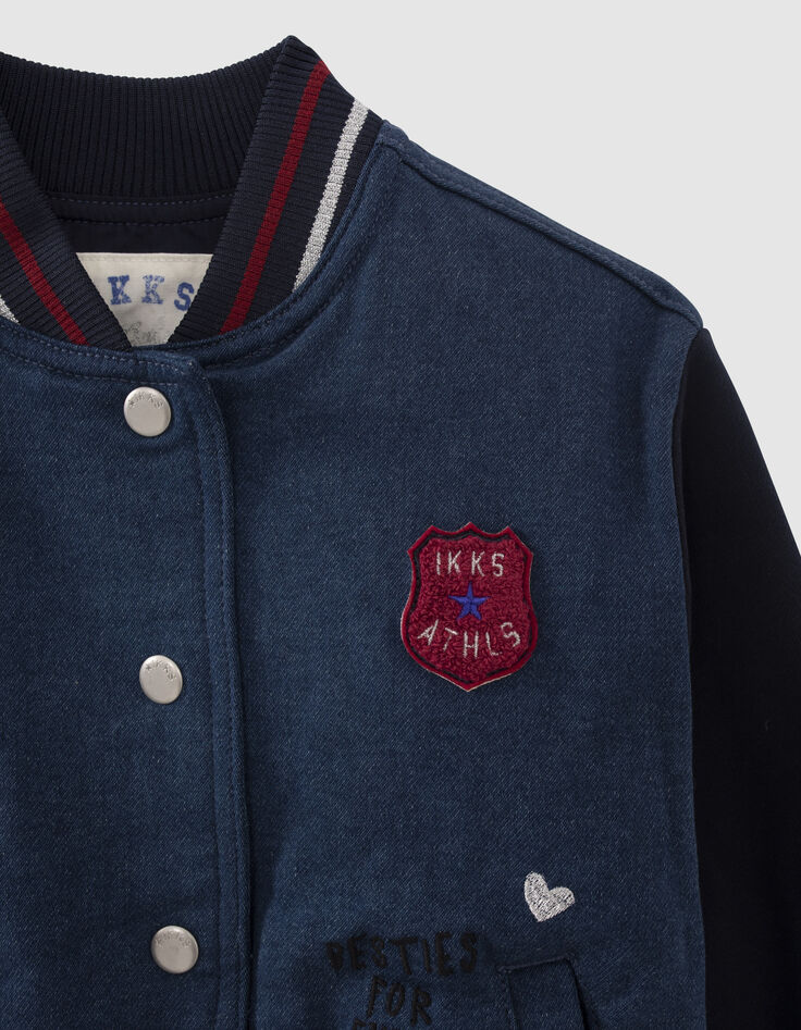 Bestickte Jeans-Mädchenteddyjacke, marineblau, Materialmix-4