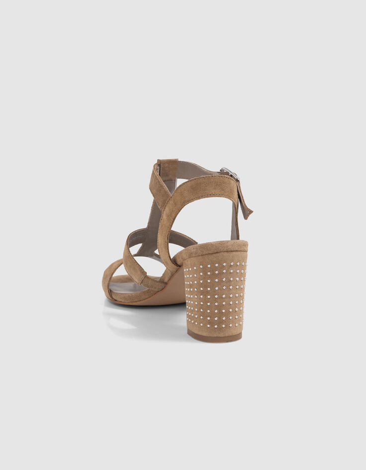 Beige suède damessandalen met hak met studs-3