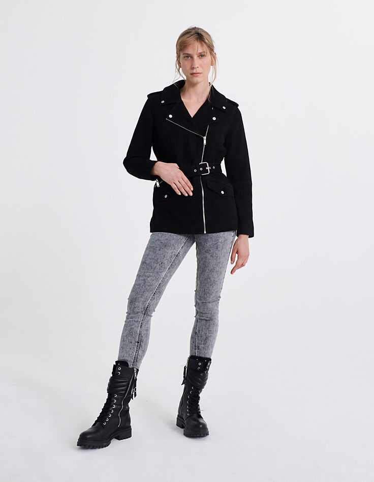 Blouson oversize long noir chèvre velours femme-5