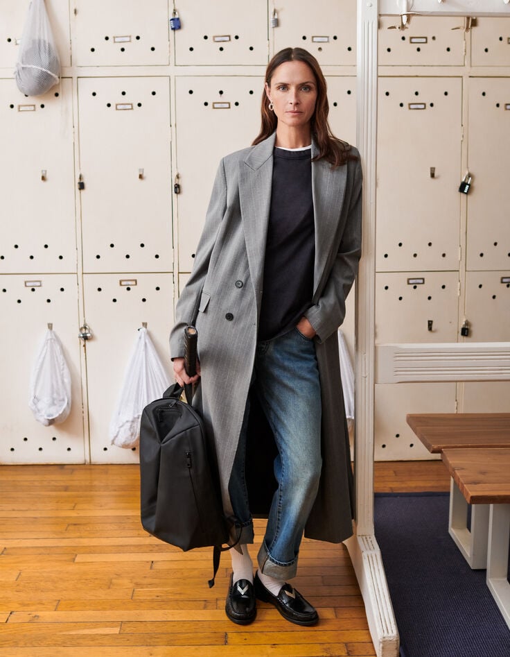 Women’s grey pinstripe long suit jacket-1 Women’s grey pinstripe long suit jacket-1