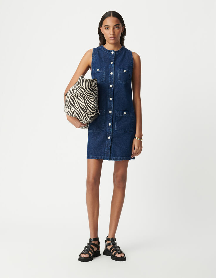 Blue waterless denim sack dress with patch pockets-1