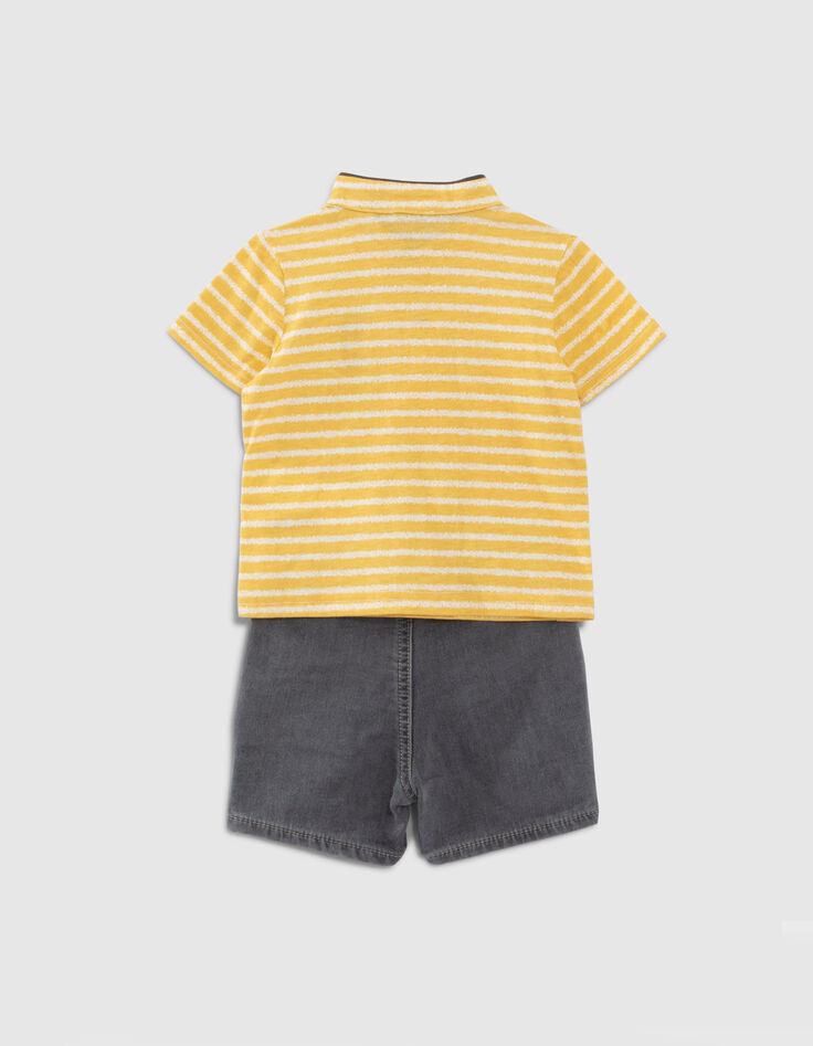 Conjunto polo amarillo rayas y bermudas vaqueras bebé niño-3
