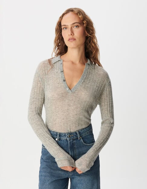 Jersey gris de punto acanalado con cuello polo Mujer - IKKS