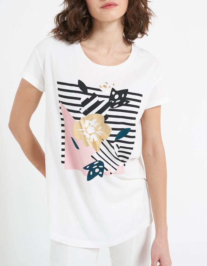 Cremeweißes T-Shirt mit Blumen-Streifen-Motiv I.Code - I.CODE