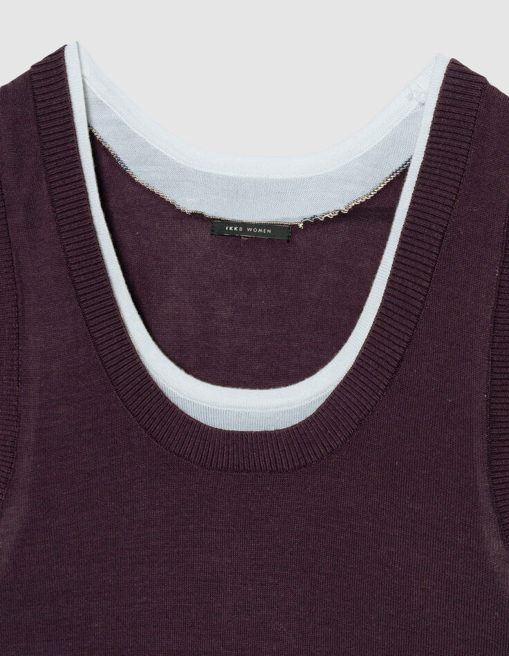 Burgunderfarbener &auml;rmelloser Pullover f&uuml;r Damen mit Trompe-l'oeil-Strick-7