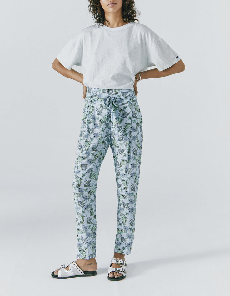 Pantalon en viscose imprim&eacute; cachemire turquoise femme-1
