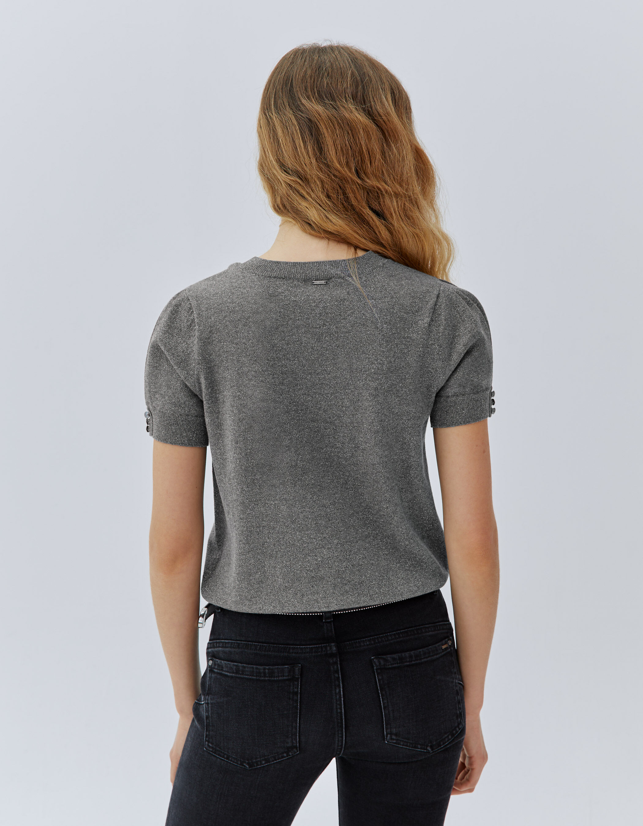 Pull gris tricot paillet manches courtes Femme
