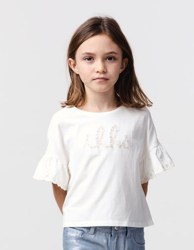 T-shirt écru coton bio brodé IKKS écru fille - IKKS