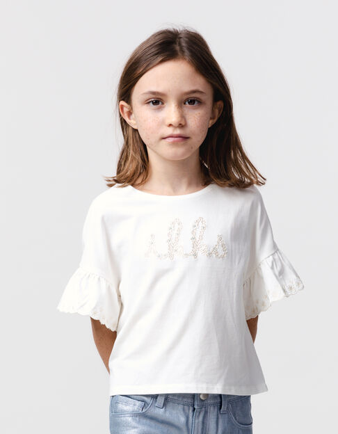 T-shirt écru coton bio brodé IKKS écru fille - IKKS