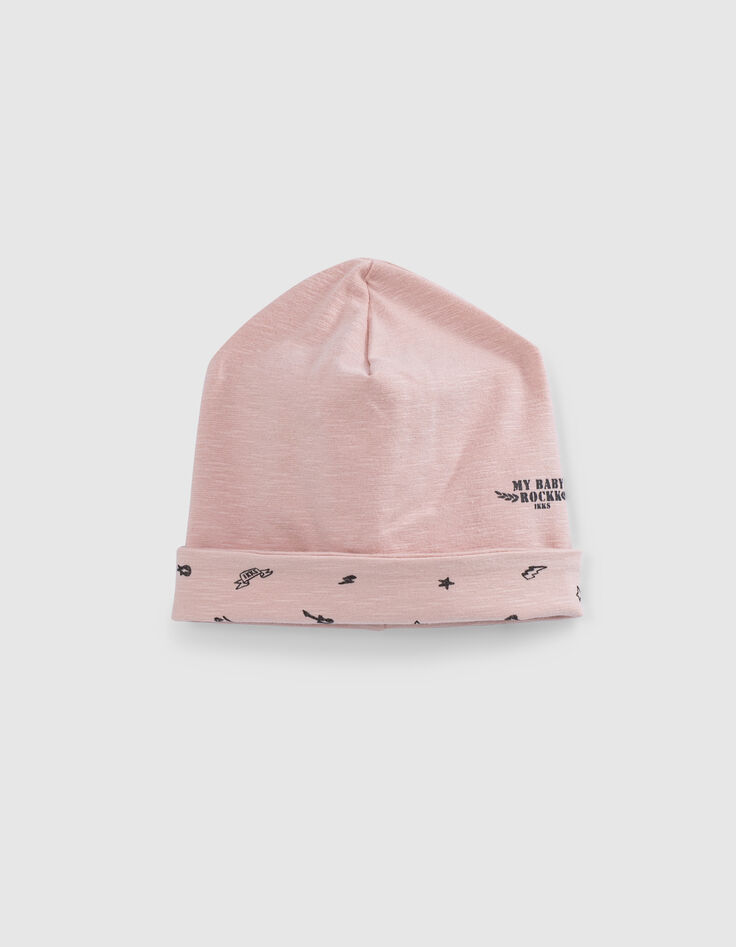 Bonnet réversible rose et imprimé rock coton bio bébé-2
