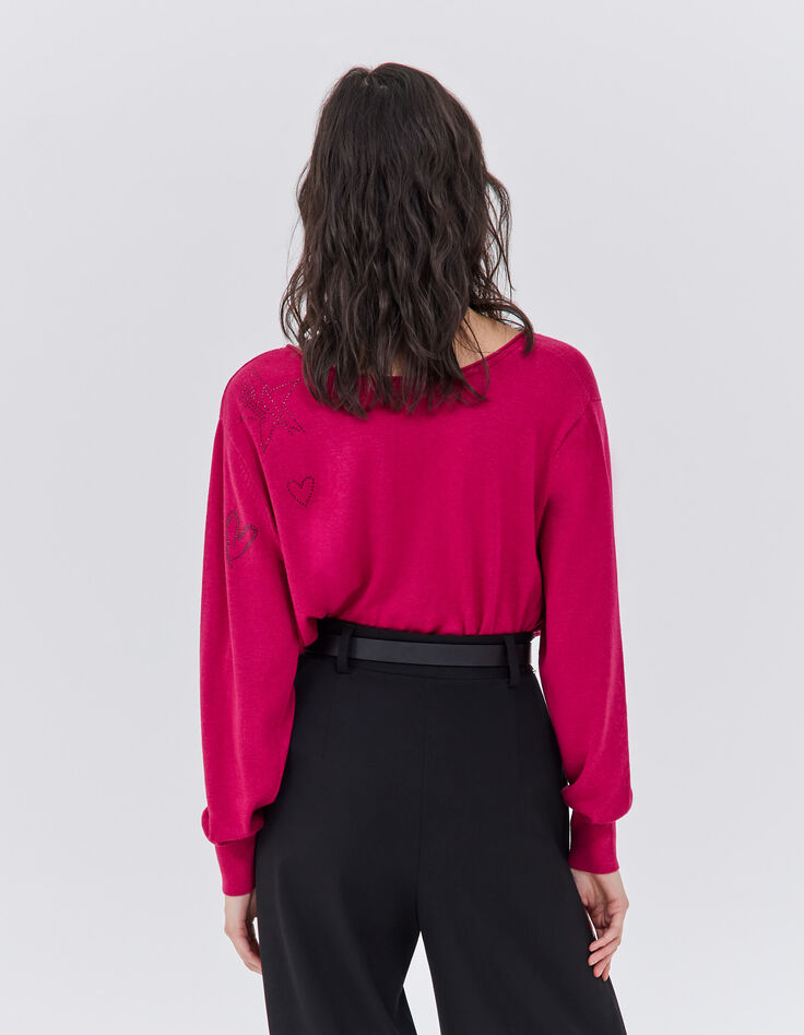 Pull rose en tricot à décor rock strass Femme-3