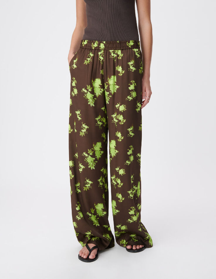 Pantalon fluide marron imprim&eacute; tachiste flou Femme-3