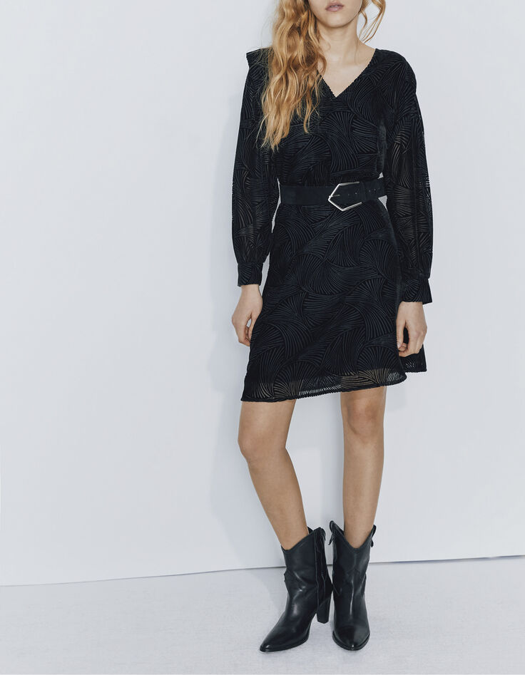 Vestido corto terciopelo cebra negro pliegues hombro mujer-5