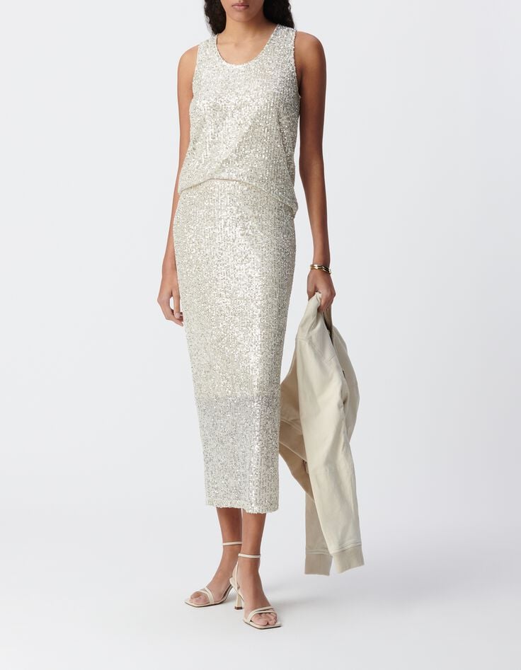 Jupe midi argent&eacute;e brod&eacute;e sequins Femme-5