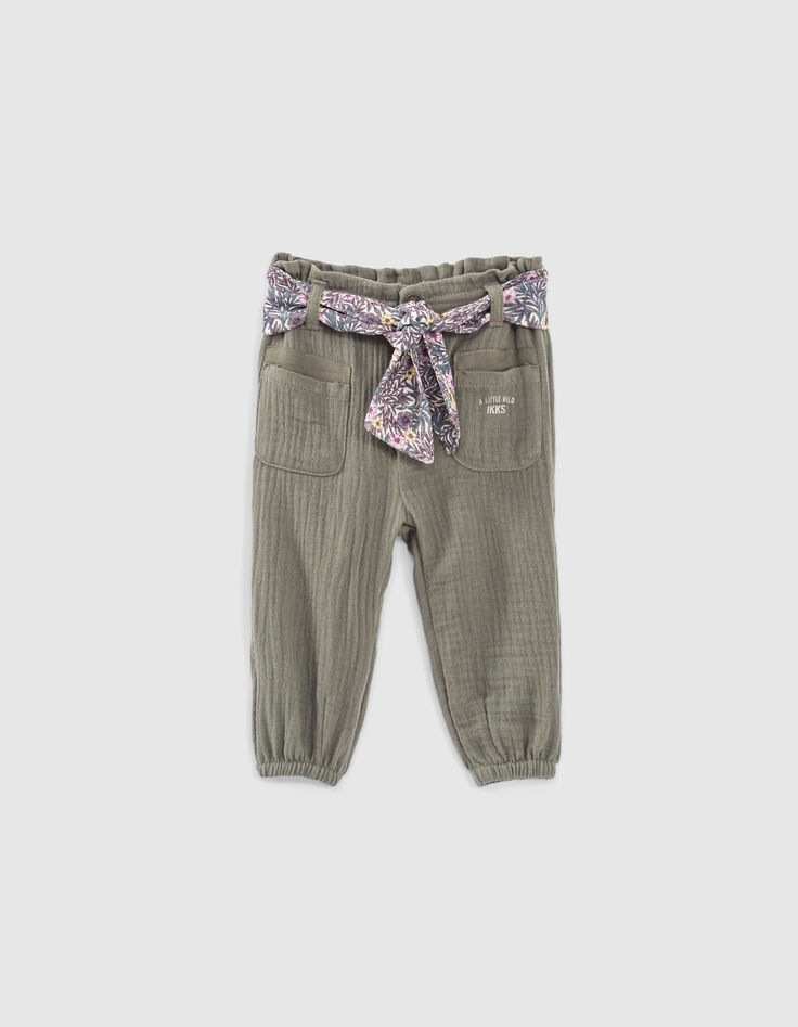 Pantalon kaki à ceinture-foulard végétal bébé fille-1