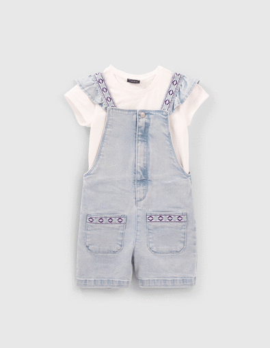 Set korte jeanstuinbroek en wit T-shirt meisjes - IKKS