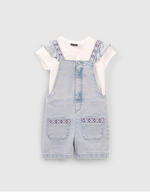Conjunto mono corto vaquero y camiseta blanca niña
