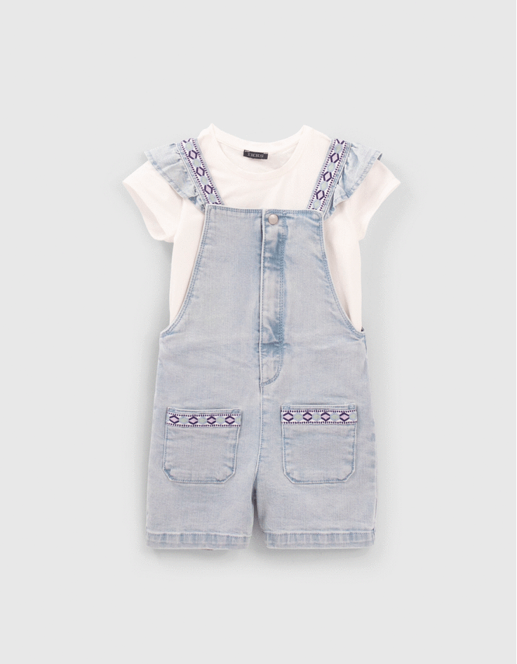 Set korte jeanstuinbroek en wit T-shirt meisjes-1