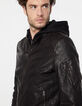 Men’s black leather sweatshirt fabric hooded jacket-5