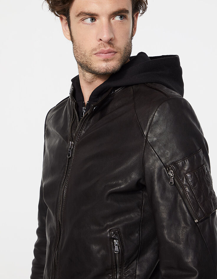 Men’s black leather sweatshirt fabric hooded jacket-5