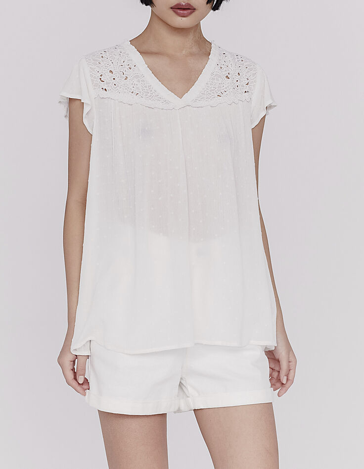 Women’s ecru embroidered dotted Swiss viscose top-2