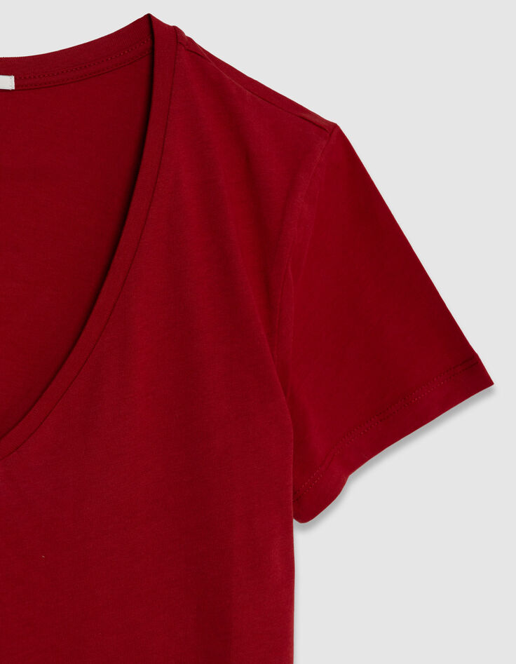 Rotes T-Shirt aus Baumwolle mit V-Ausschnitt Damen-3